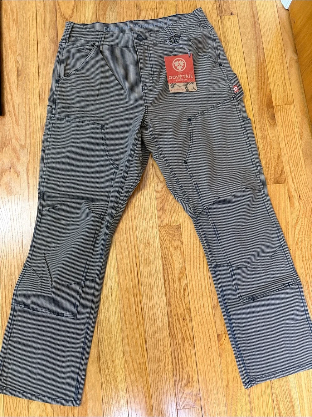 Dovetail Women’s Straight Fit Work Jeans in black and tan Pinstripe